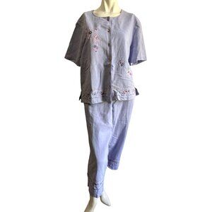 Vintage Koret Linen Blend Floral Pant Suit Sz Large Womens Purple Button Front S